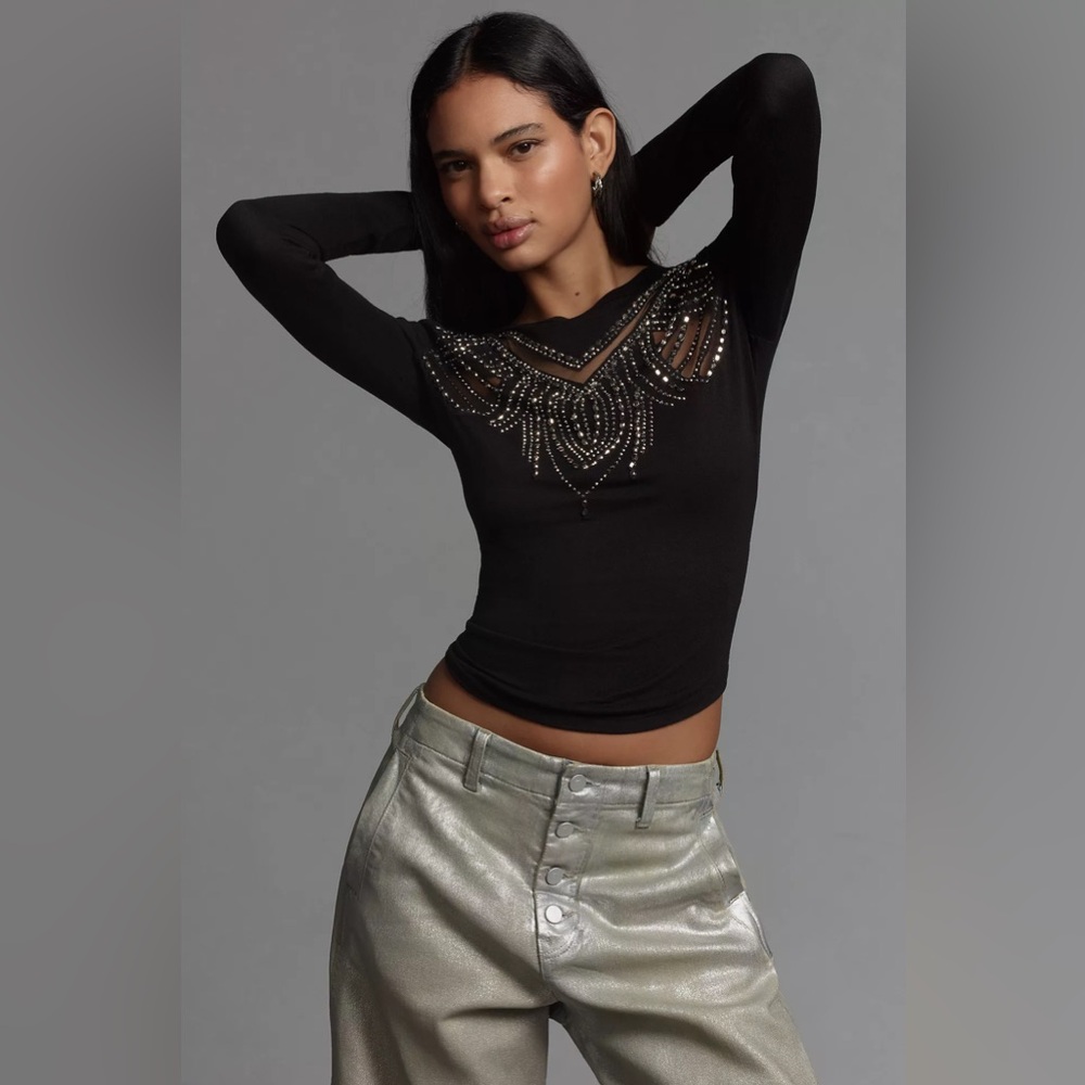 Anthropologie Long-Sleeve Beaded Appliqué Top